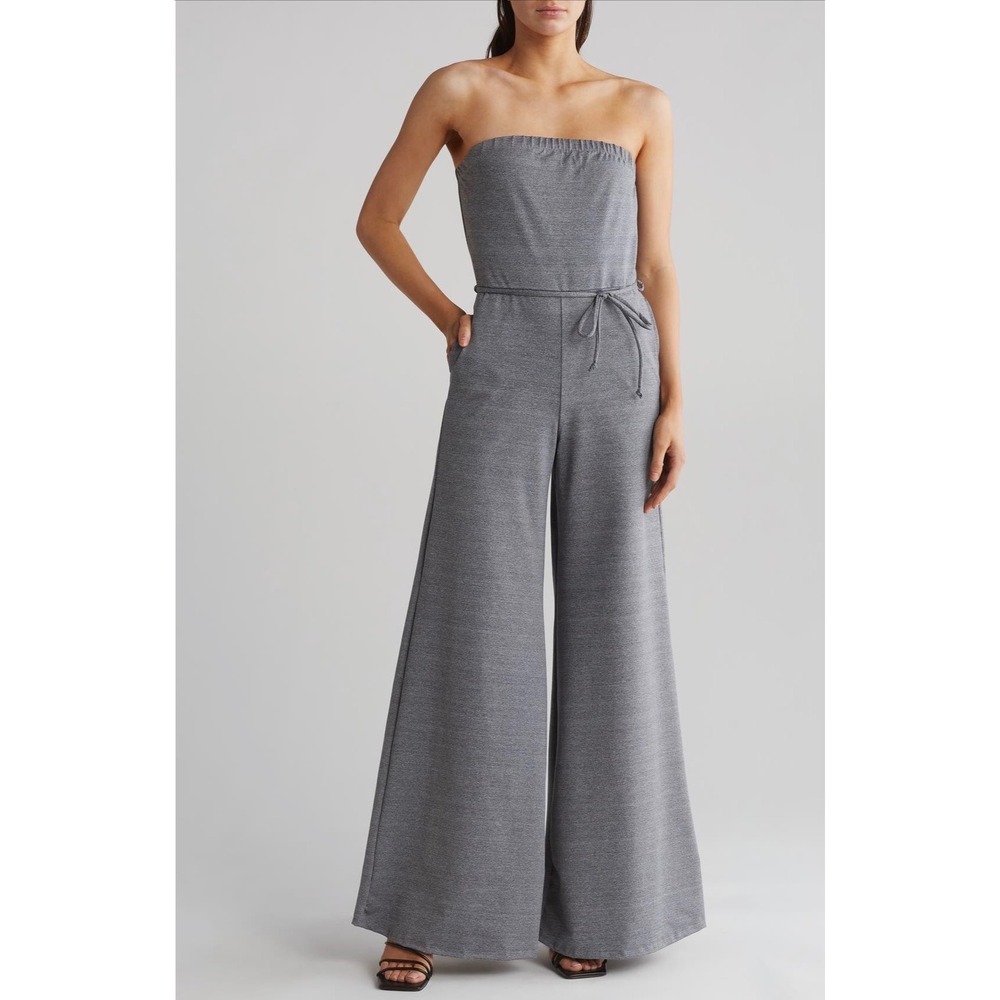 Go Couture Heather Grey Strapless Wide Leg Jumpsuit Women Large NWOT No Sash